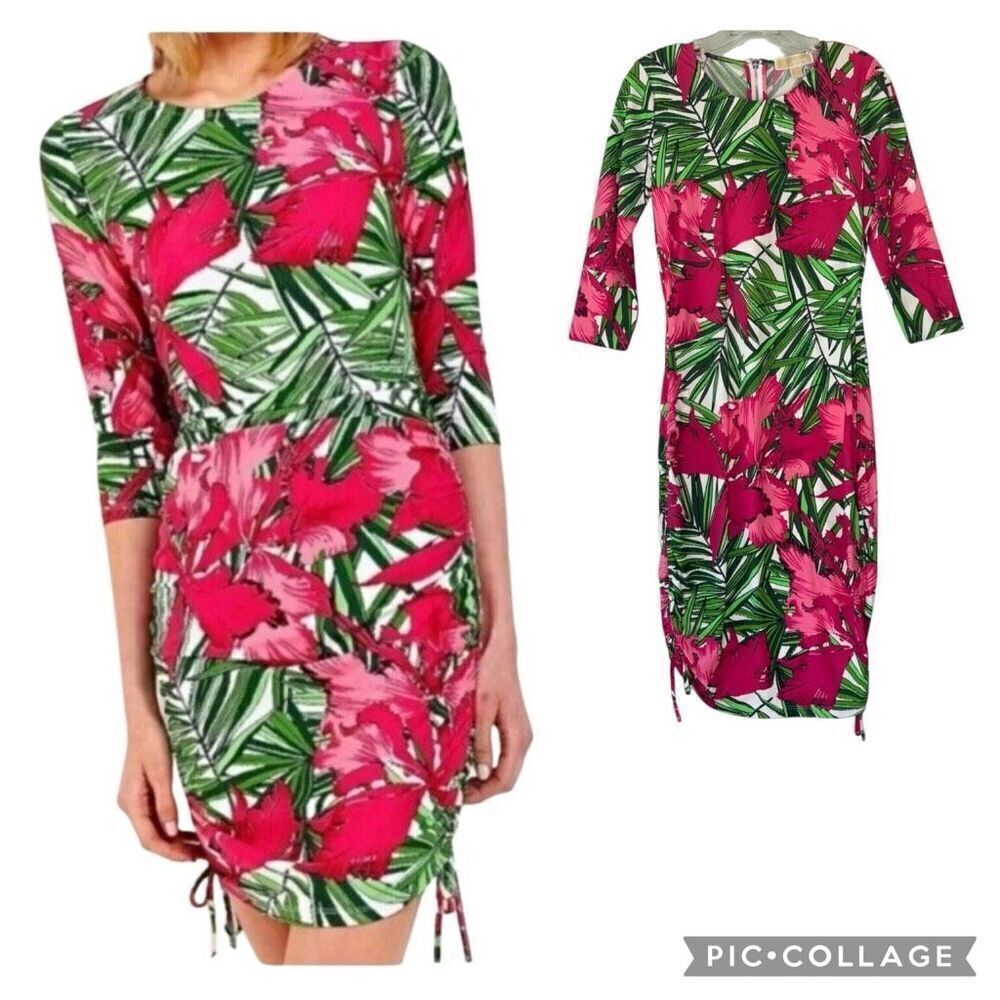 MICHAEL Michael Kors Floral Fuchsia Green Print Bodycon Ruched Dress Women Sz4